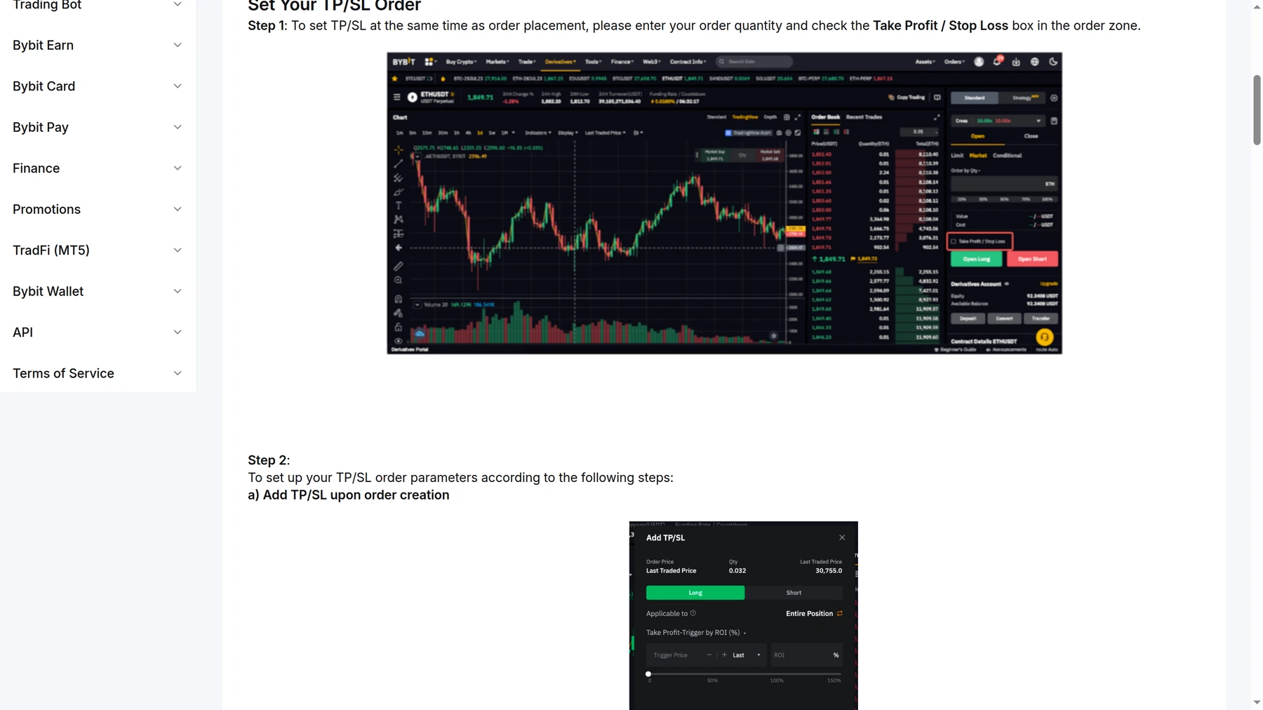 Bybit futures setup interface for take profit and stop loss parameters