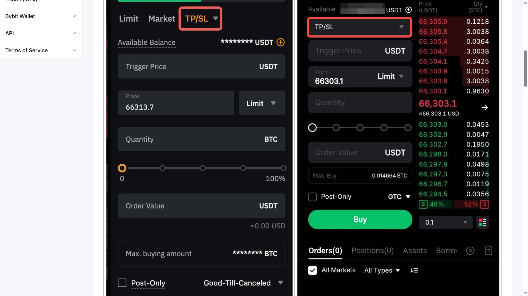Bybit spot trading documentation showing take profit and stop loss examples and trigger logic