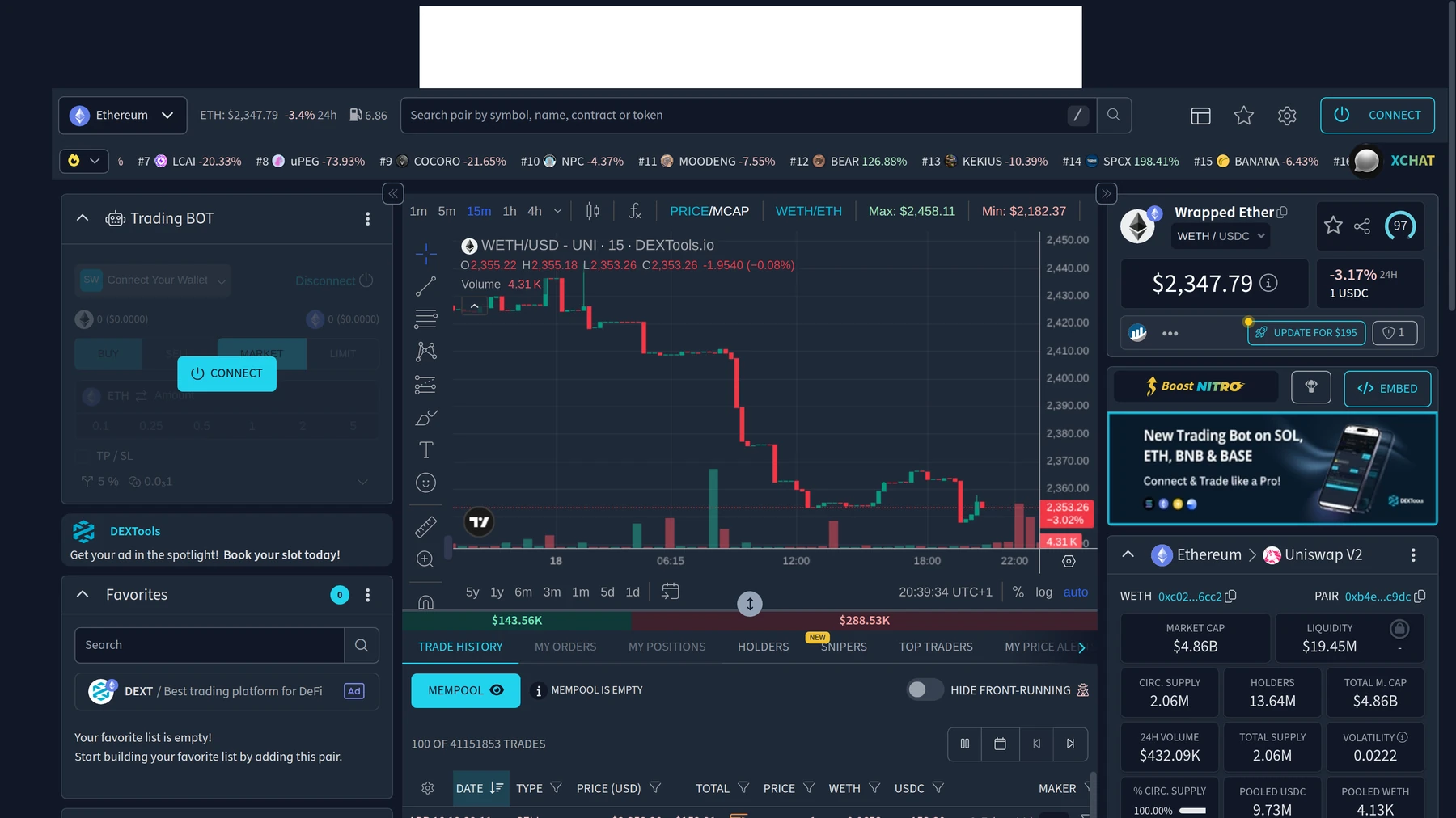 DEXTools pair explorer overview with price chart and volume metrics for a liquid Ethereum pair