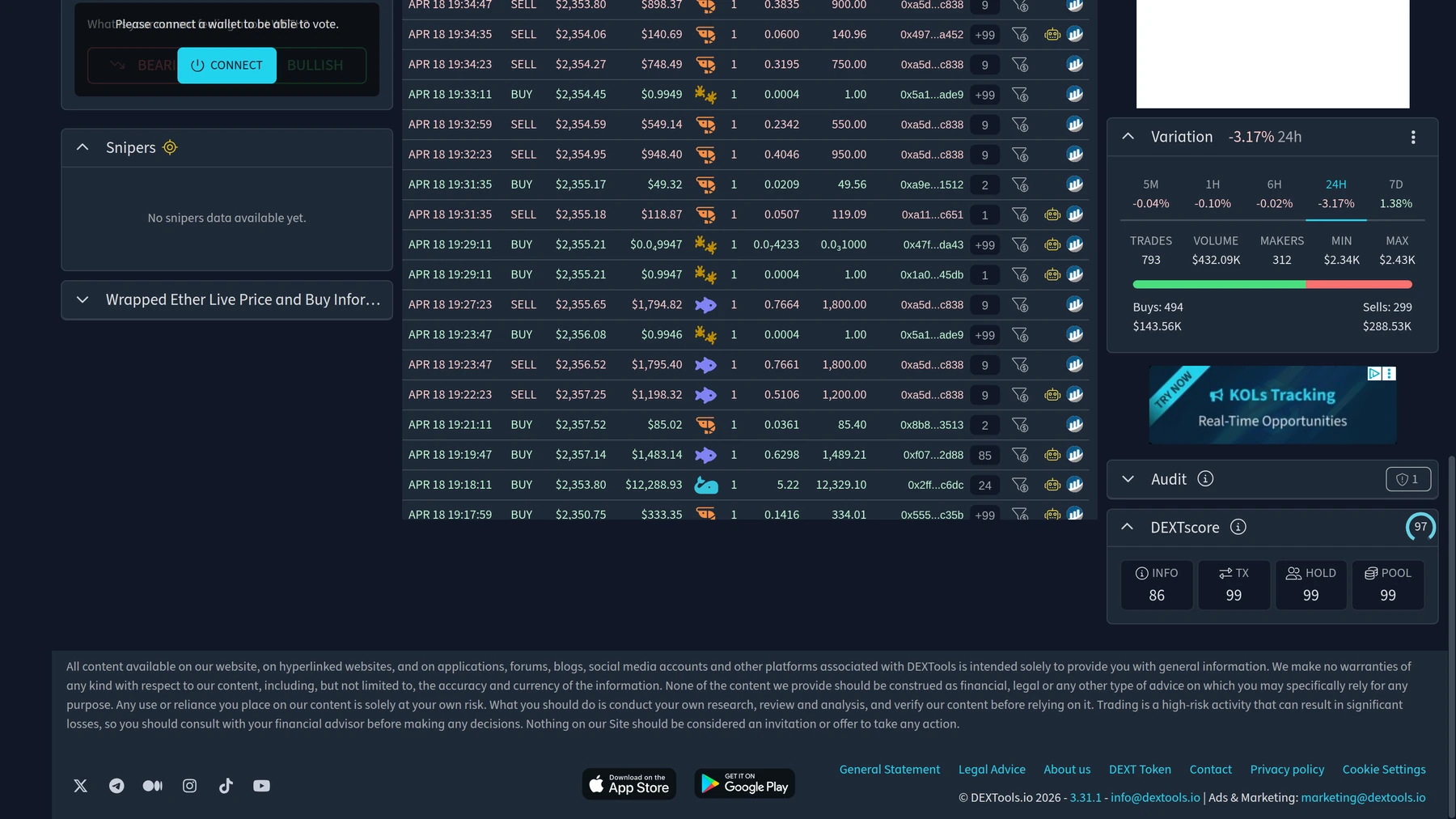DEXTools transactions panel showing recent buys and sells on a trading pair