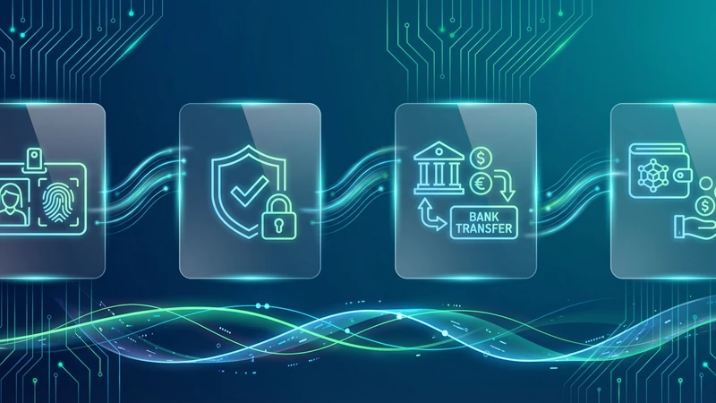 Illustration of secure verification, bank transfer approval, and wallet funding in a Transak crypto onboarding flow