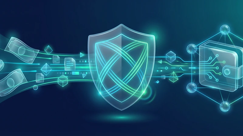 Illustration of fiat funds passing through a secure approval shield into a crypto wallet during a Transak transaction