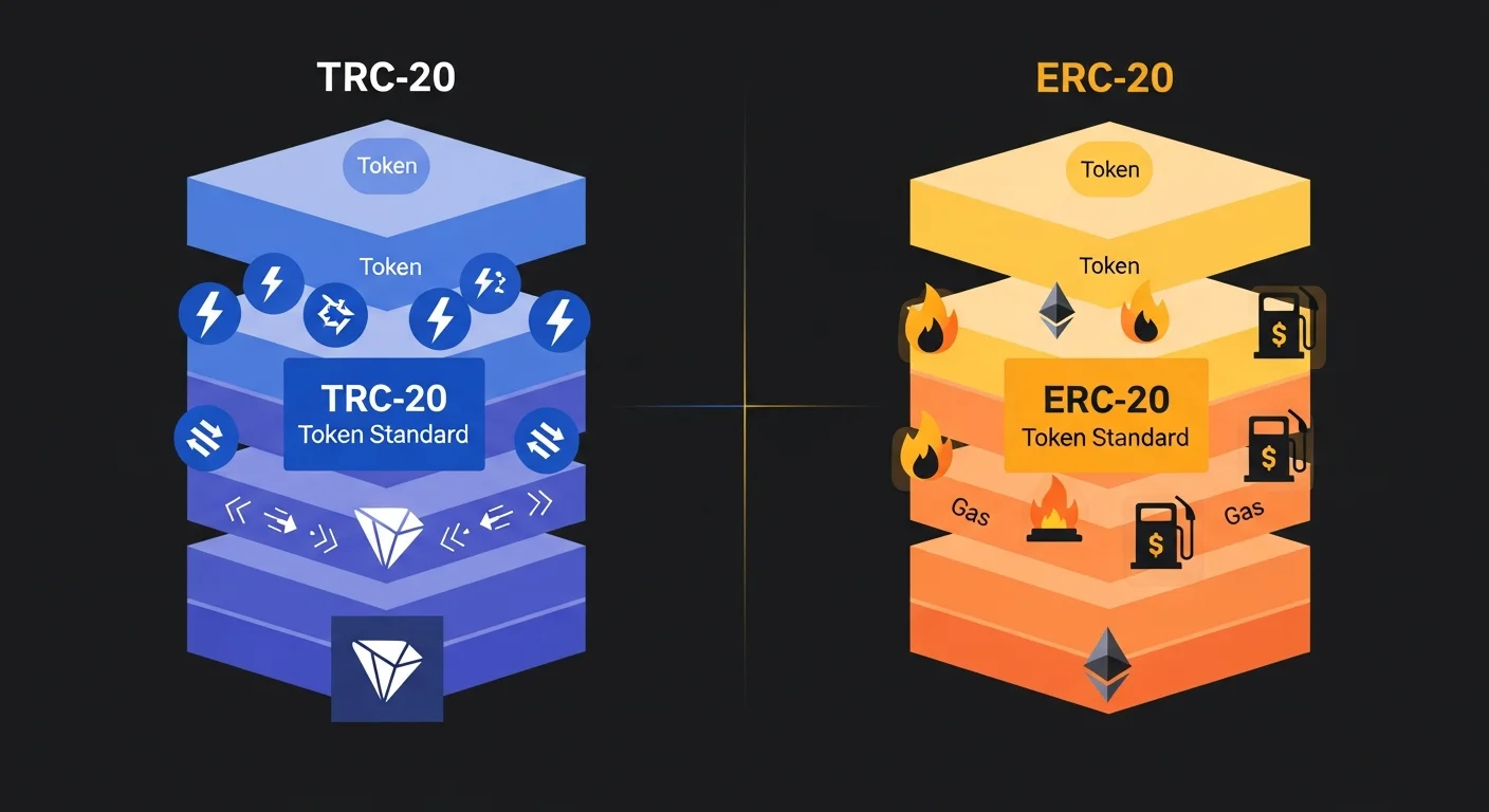 Side-by-side diagram comparing TRC-20 and ERC-20 token standards on their respective blockchain stacks