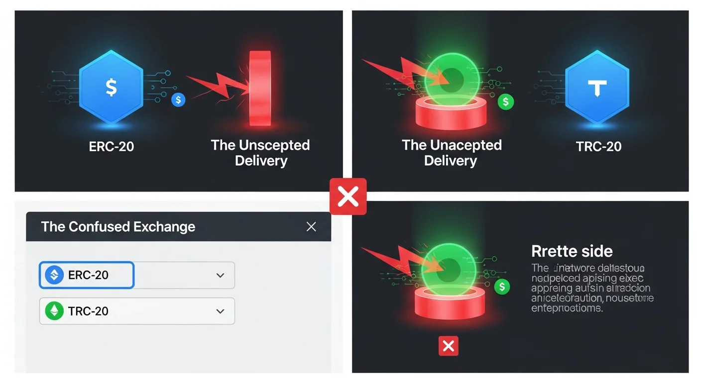 Four-panel illustration of cross-network USDT mistakes