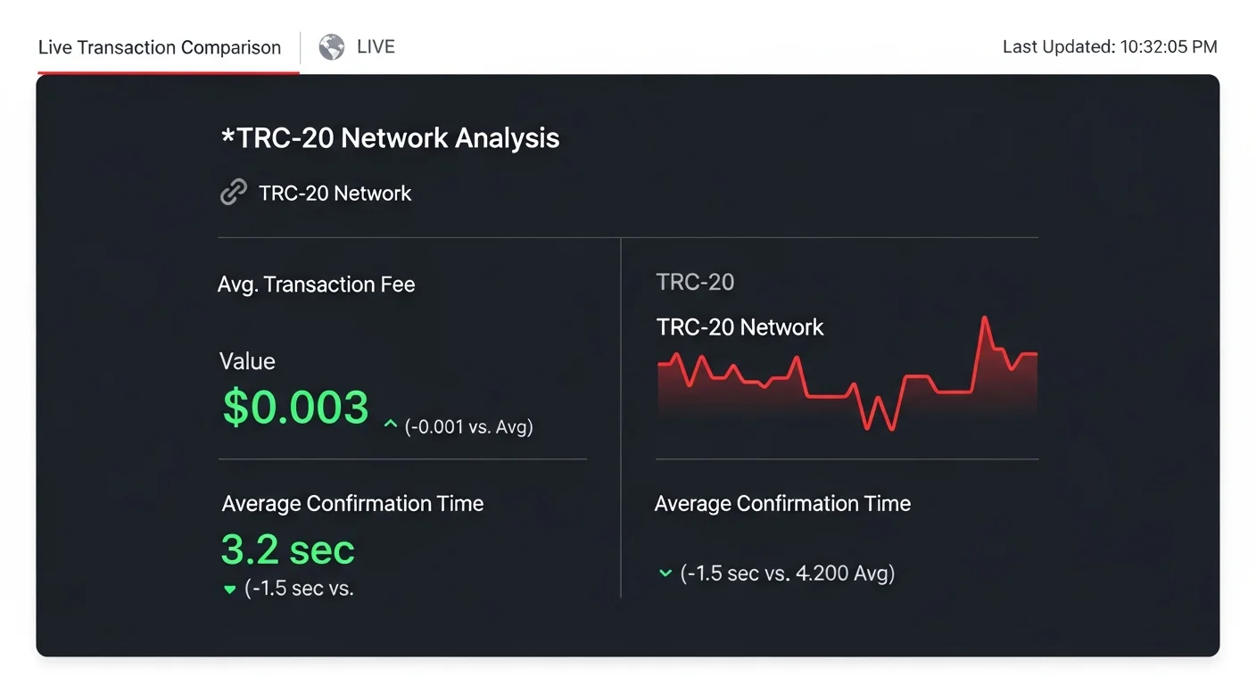 Dashboard mockup comparing TRC-20 and ERC-20 fees and confirmation times side by side
