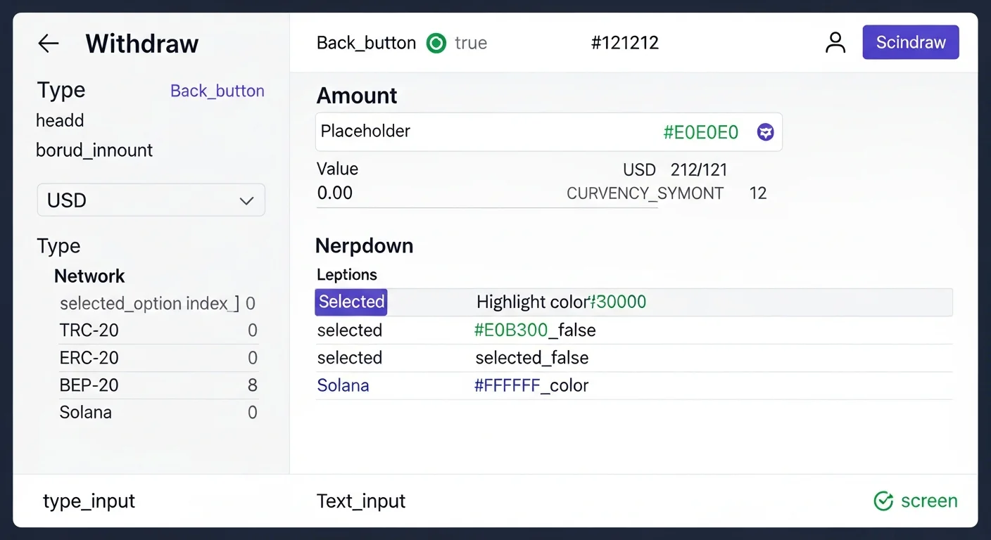 Exchange withdrawal screen mockup highlighting the TRC-20 vs ERC-20 network selection dropdown