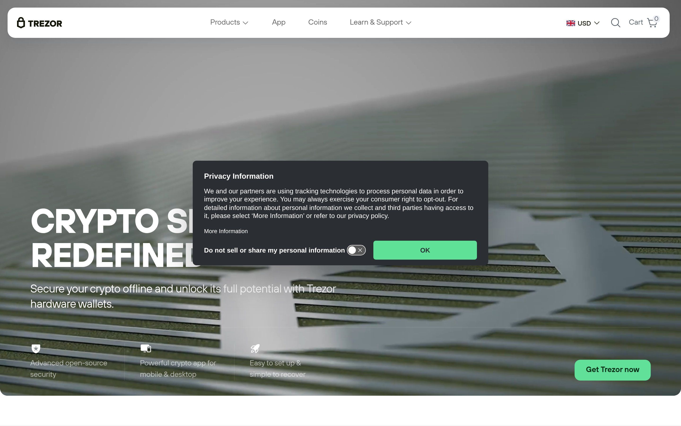 Trezor hardware wallet homepage