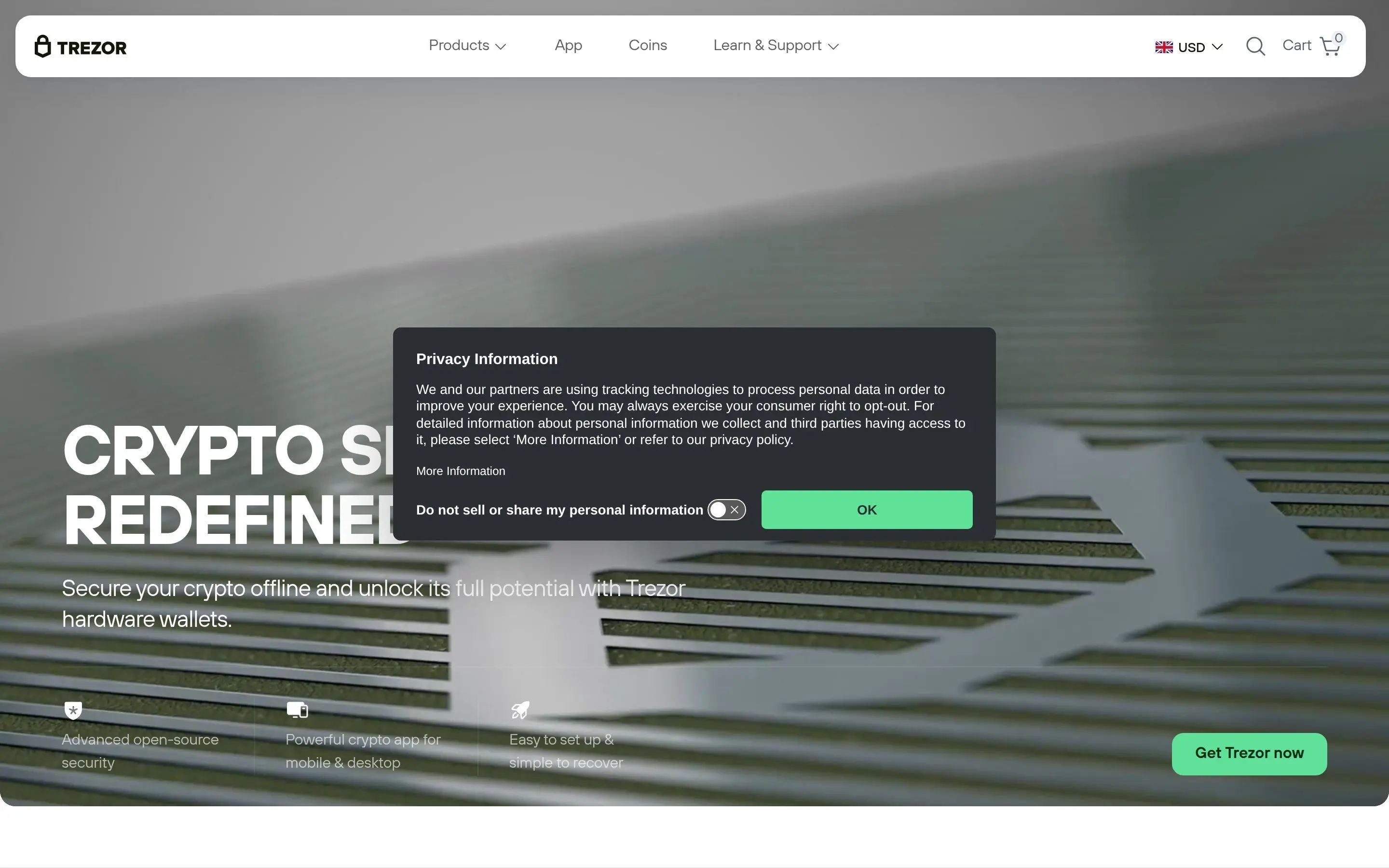 Trezor homepage and suite environment used as the destination wallet setup reference