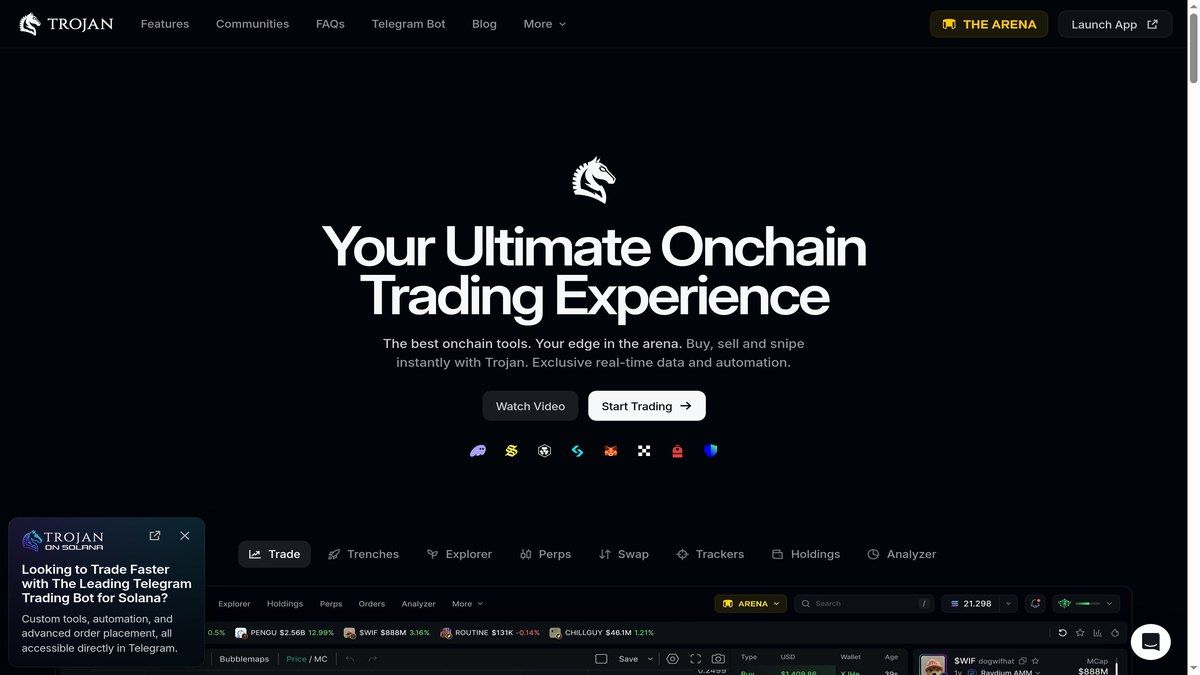 Trojan Telegram trading bot website and interface for Solana traders
