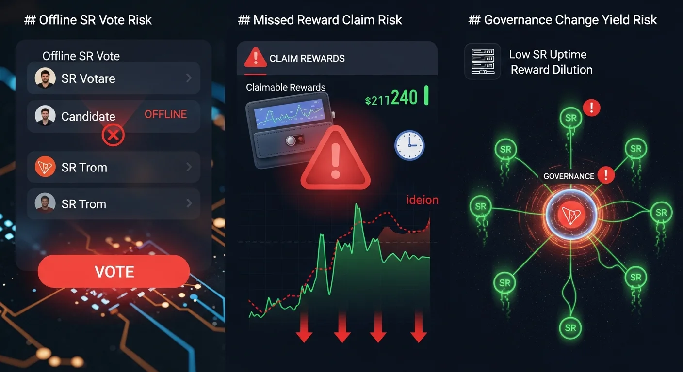 Four-panel illustration of TRON SR voting risks: offline SR, missed claim, reward dilution, governance changes
