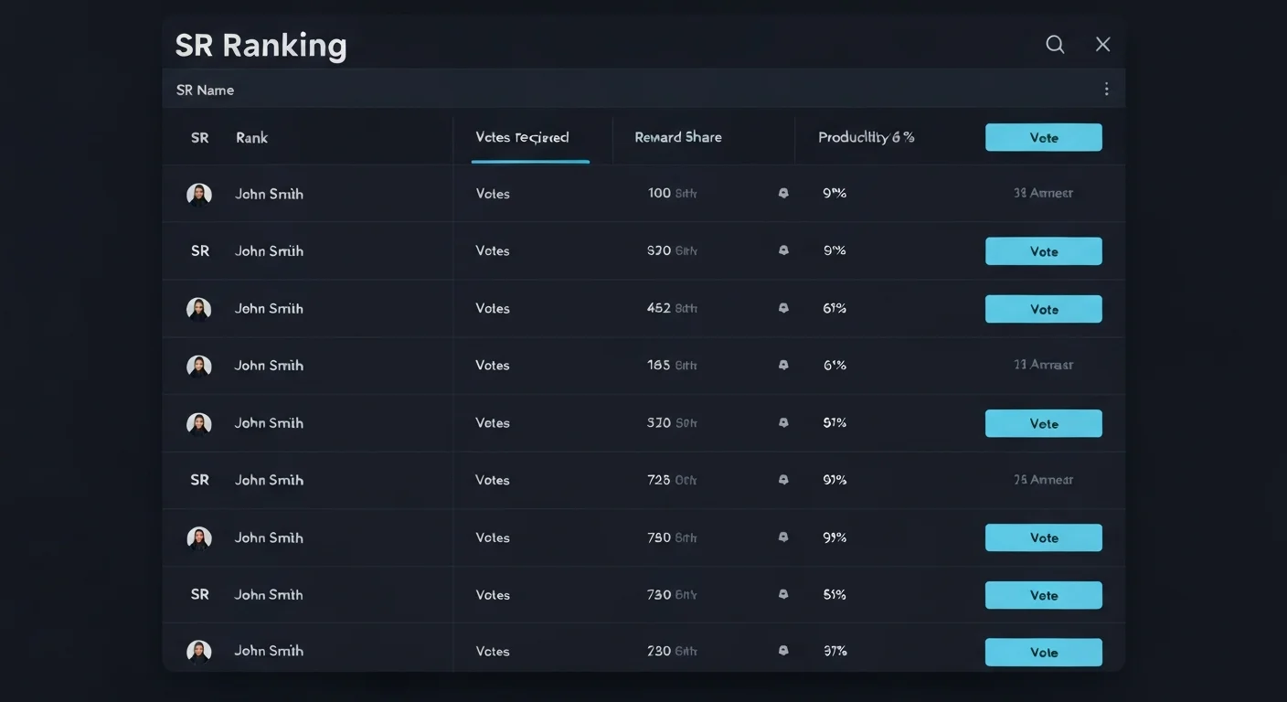SR ranking dashboard mockup showing rank, votes, reward share, and productivity columns