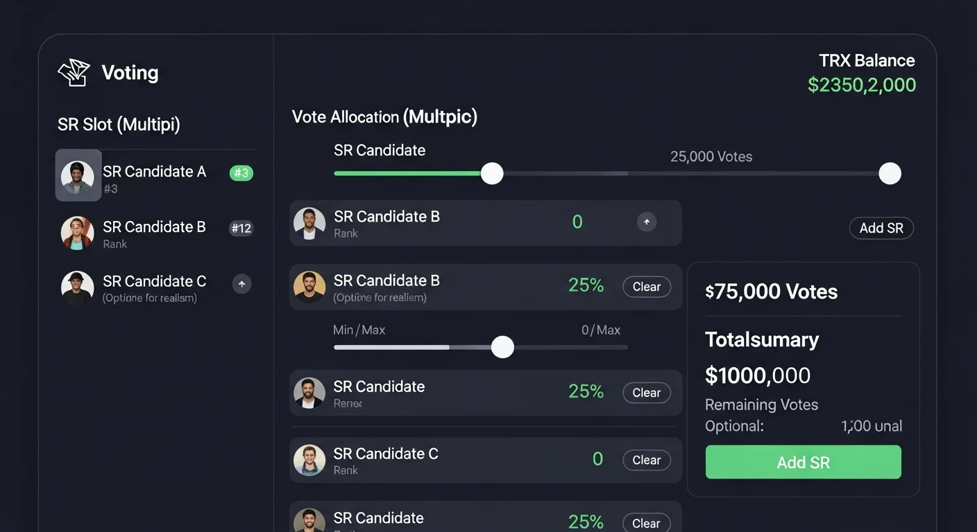 Voting screen mockup with TRX balance, allocation sliders to multiple SR slots, and a confirm button
