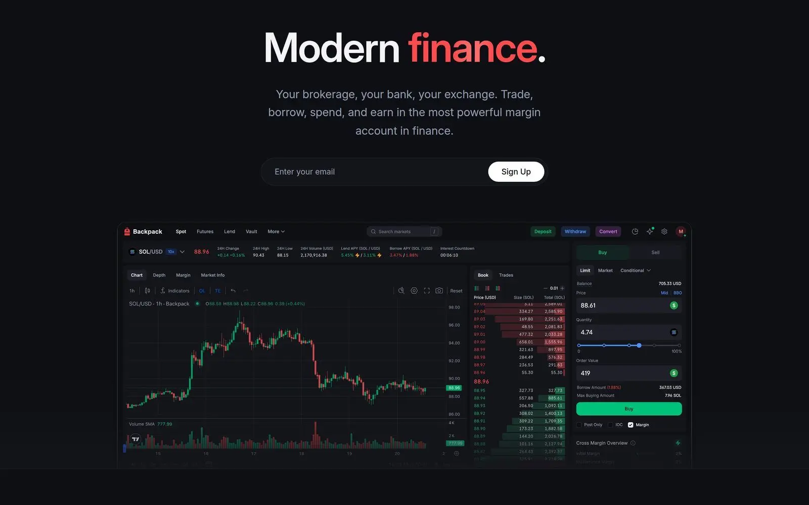 Backpack Exchange trading interface showing spot and perpetual markets for Solana tokens