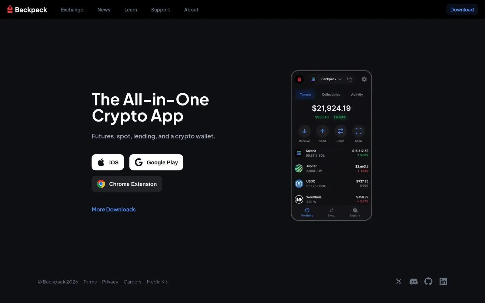 Backpack Wallet browser extension for Solana showing xNFT applications and token portfolio