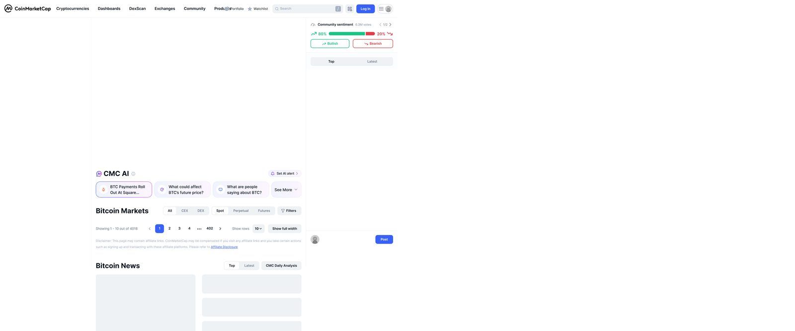 CoinMarketCap Bitcoin detail page showing real-time price chart, market cap and trading data