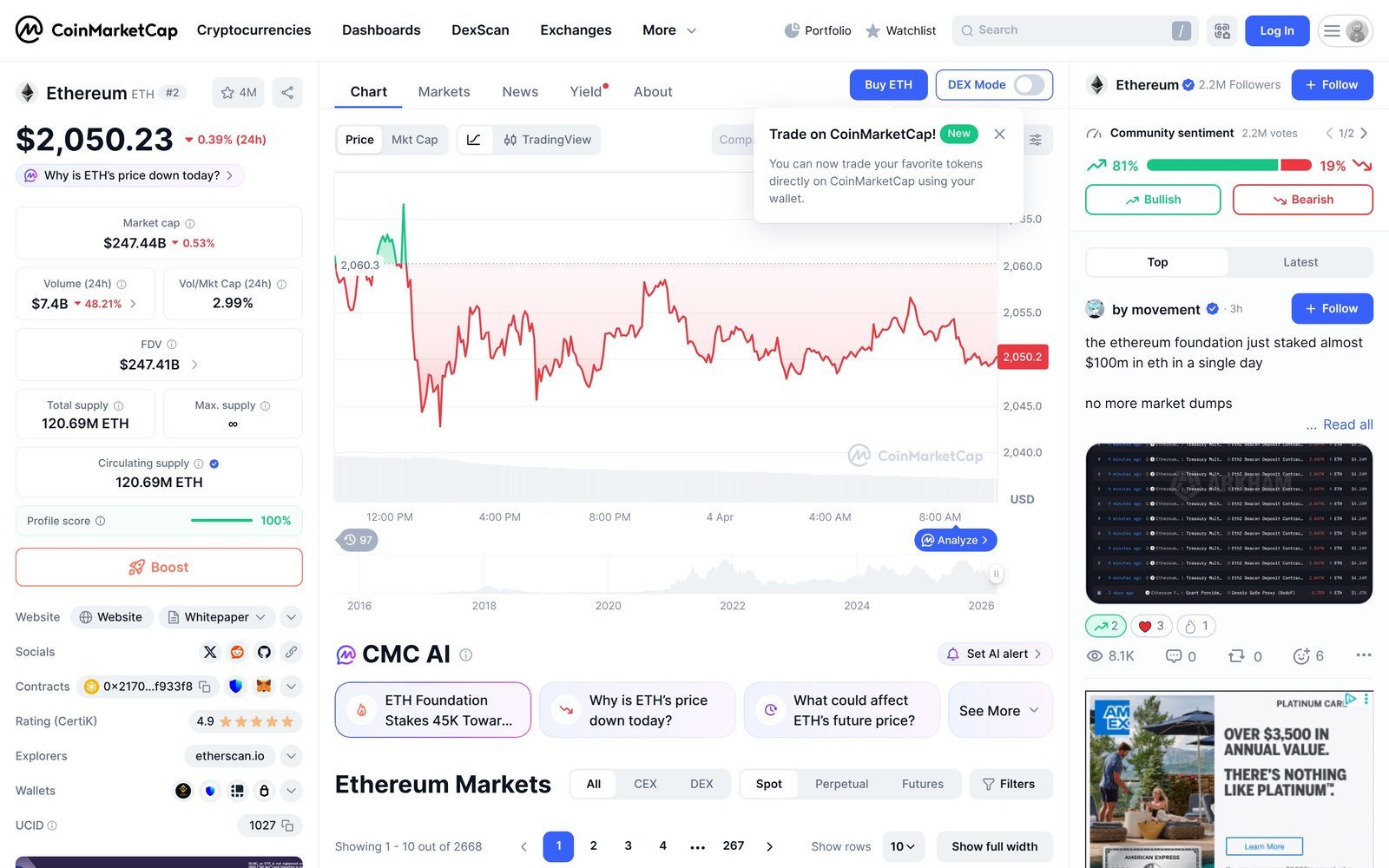 Ethereum - the blockchain that pioneered smart contracts, as shown on CoinMarketCap