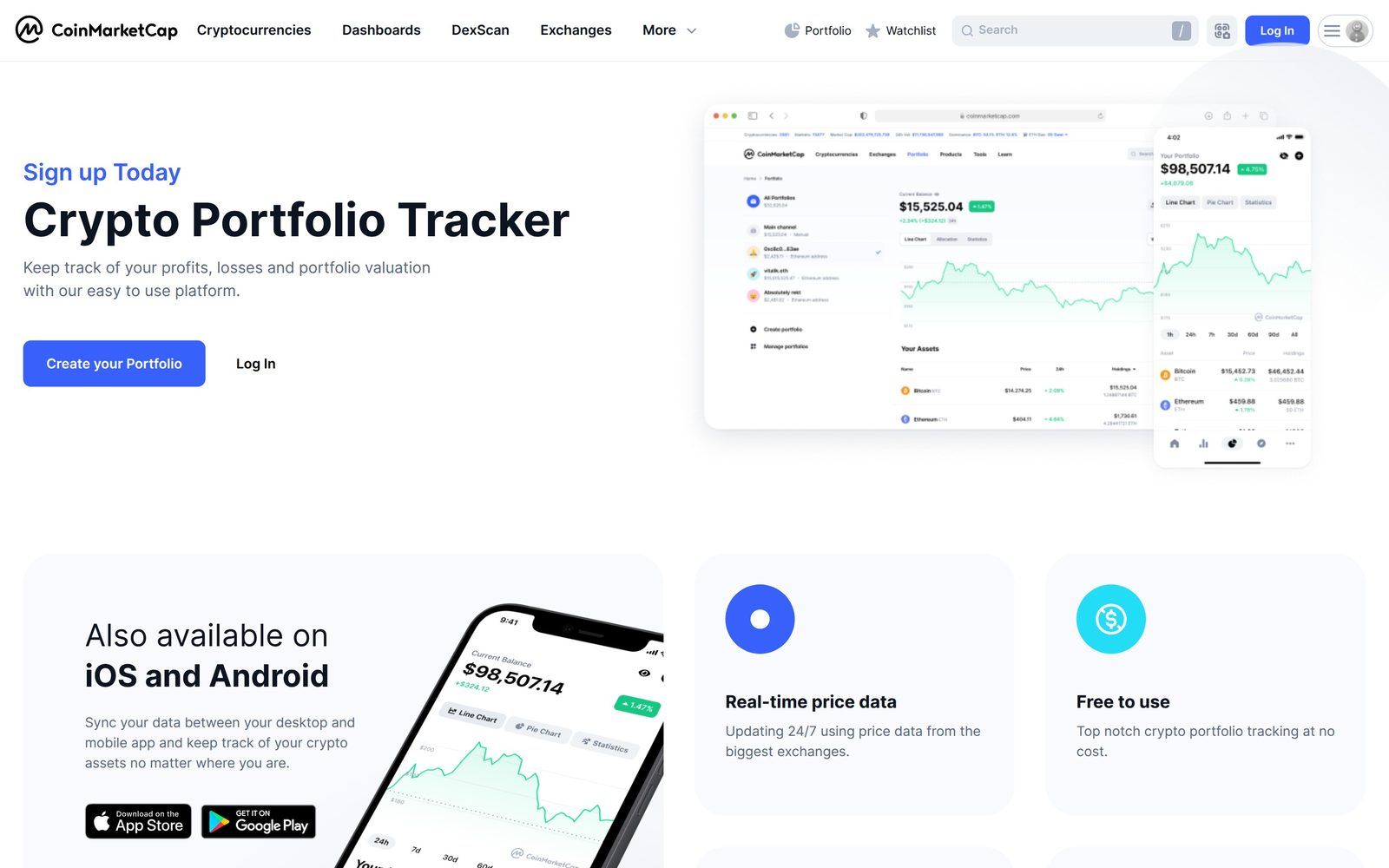 CoinMarketCap portfolio tracker showing crypto holdings and performance