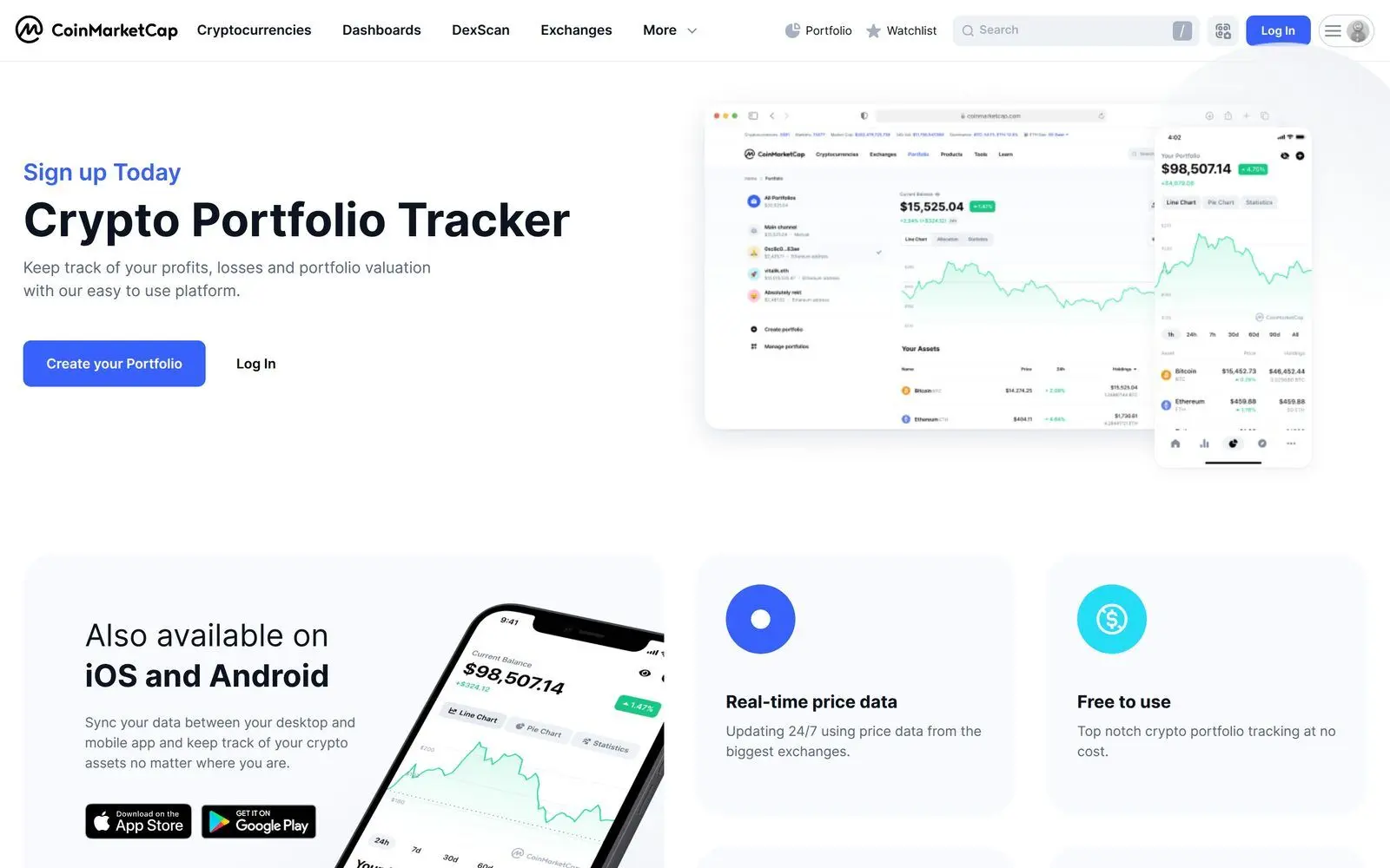 CoinMarketCap portfolio tracker showing crypto holdings and performance