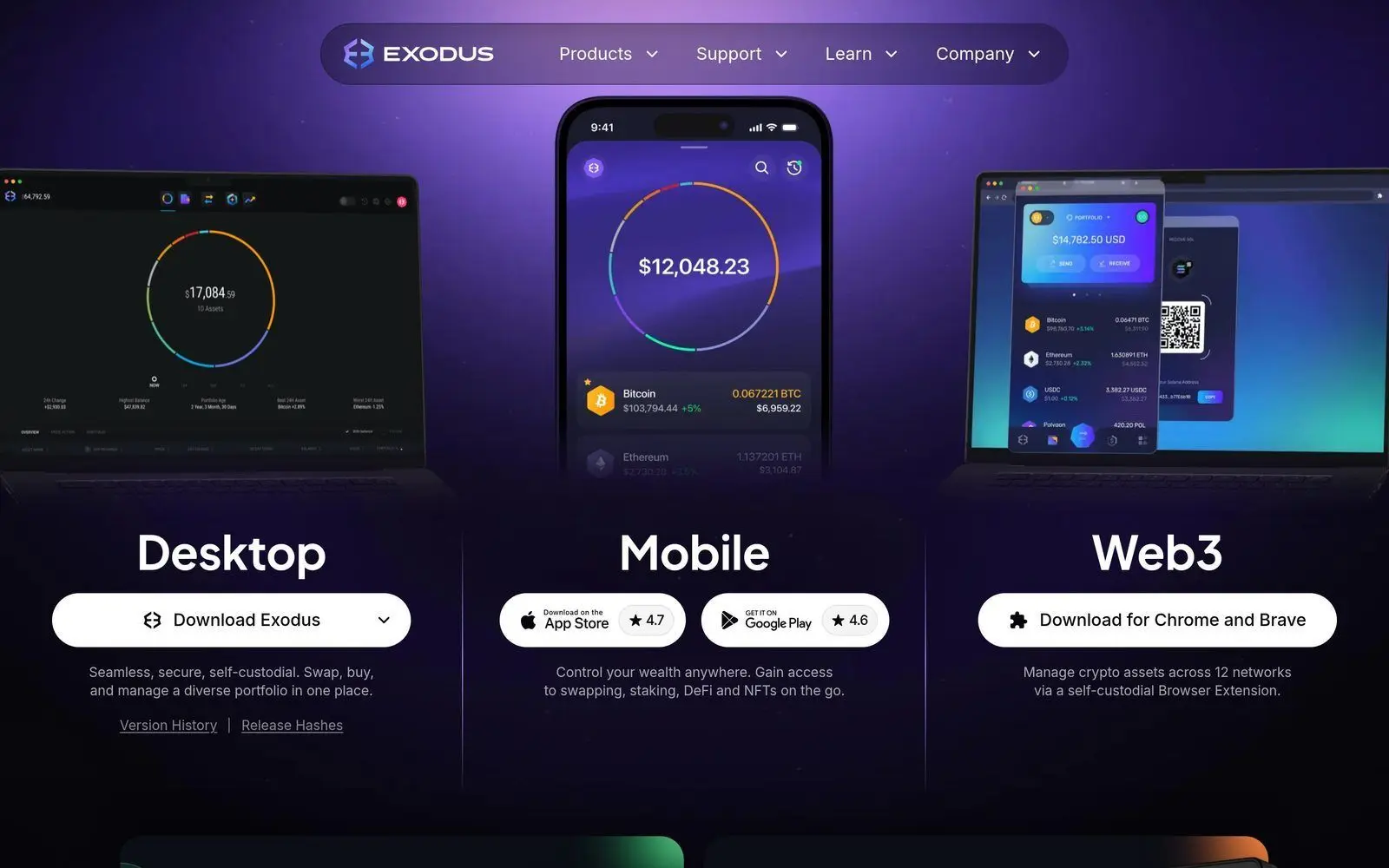 Exodus Wallet download page showing desktop, mobile and browser extension options