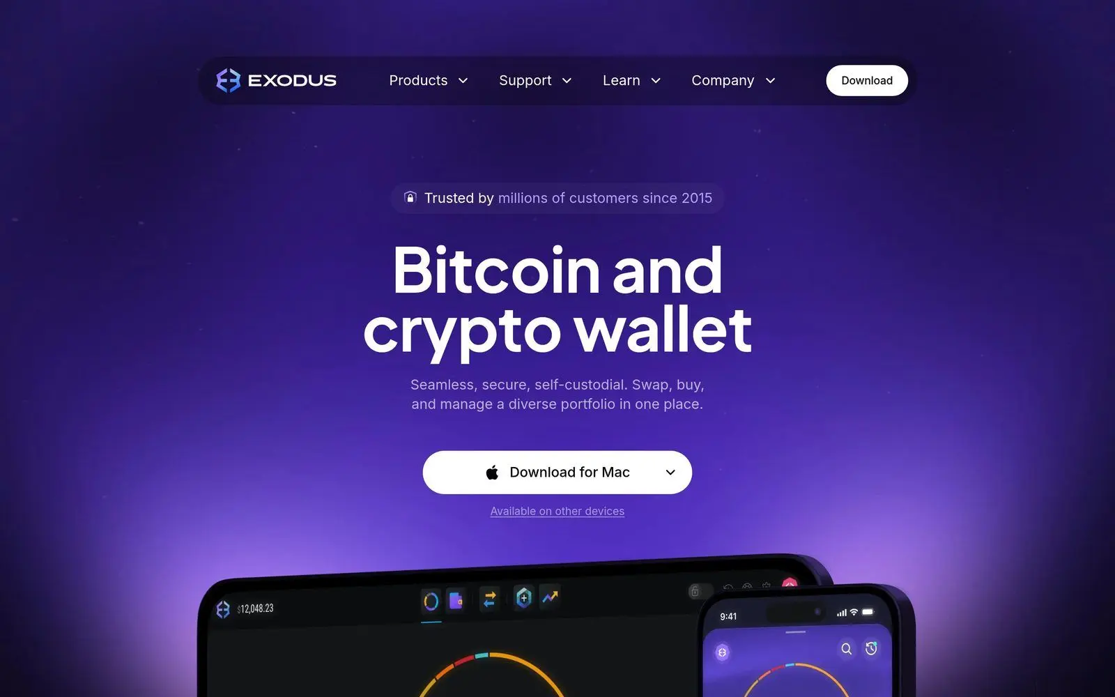 Exodus Wallet homepage showing multi-chain wallet support for Bitcoin, Ethereum, Solana and 300+ assets