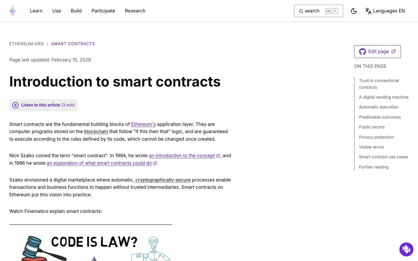 Ethereum.org smart contract documentation explaining how smart contracts work on the blockchain