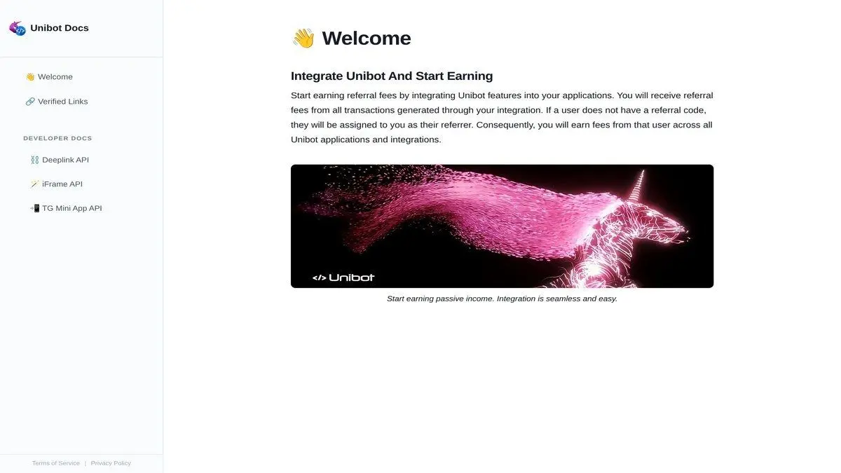 Unibot documentation homepage showing Telegram bot guide and navigation