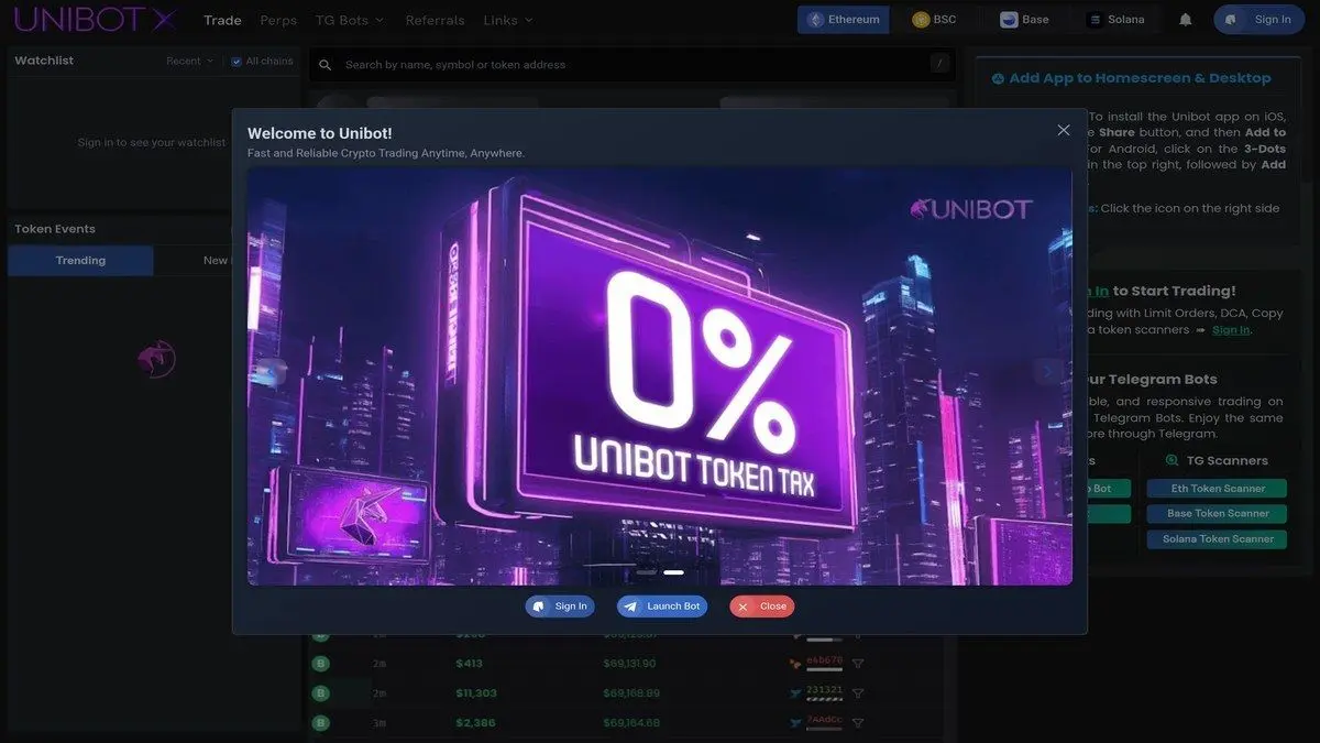 Unibot official website screenshot for Ethereum Telegram trading bot comparison