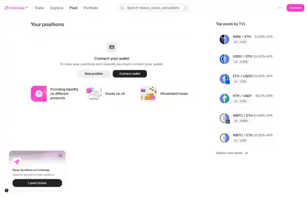 Uniswap liquidity pool interface showing position management and fee earnings