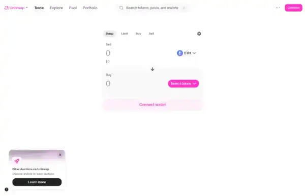 Uniswap swap interface showing token exchange form with input and output token selectors
