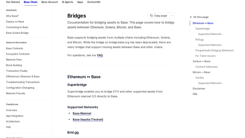 Base documentation page listing current bridge options after bridge.base.org was deprecated