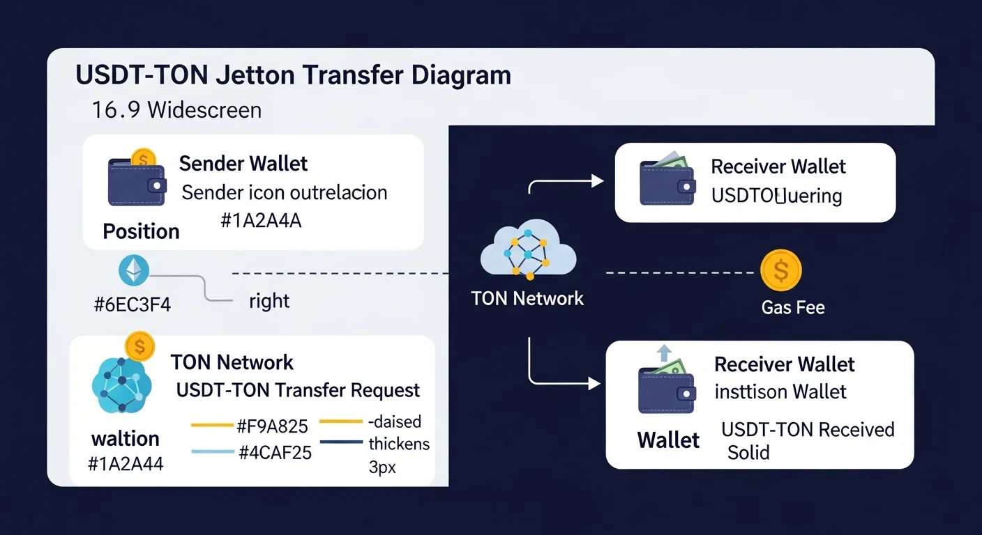 Diagram of USDT-TON Jetton transfer between two TON wallets with a small TON gas indicator
