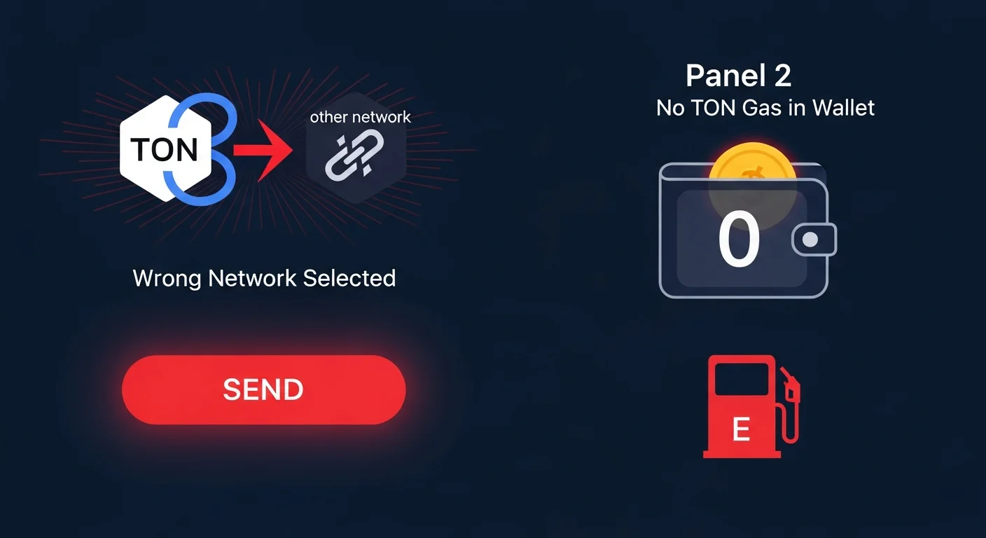 Four-panel illustration of USDT-TON mistakes: wrong network, no TON gas, address mismatch, fake Jetton