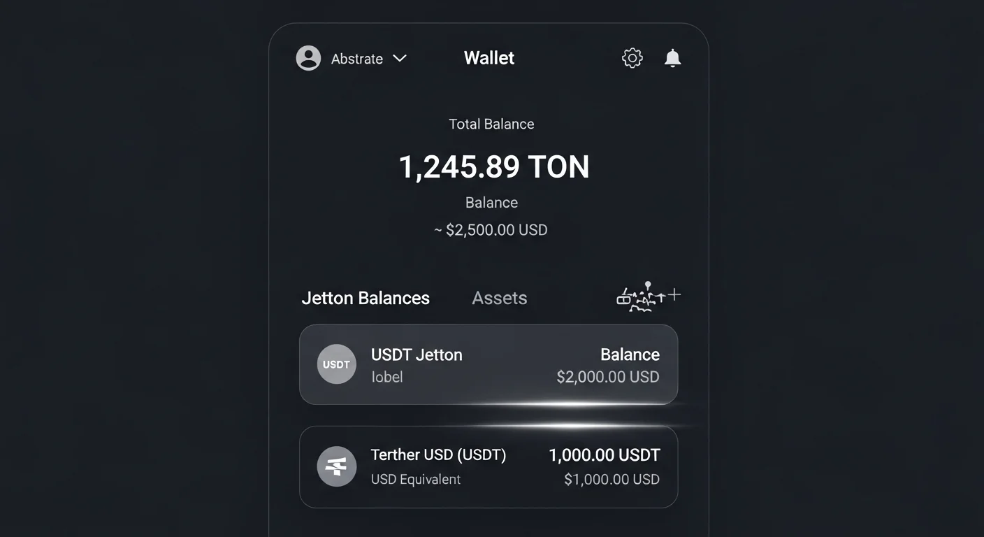 TON wallet UI mockup showing USDT Jetton balance, send button, recipient field and fee estimate