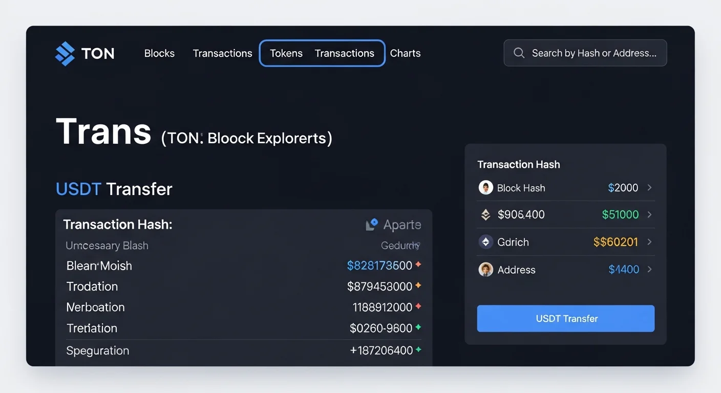 Block explorer mockup of a USDT Jetton transfer on TON with hash, addresses, amount and TON fee