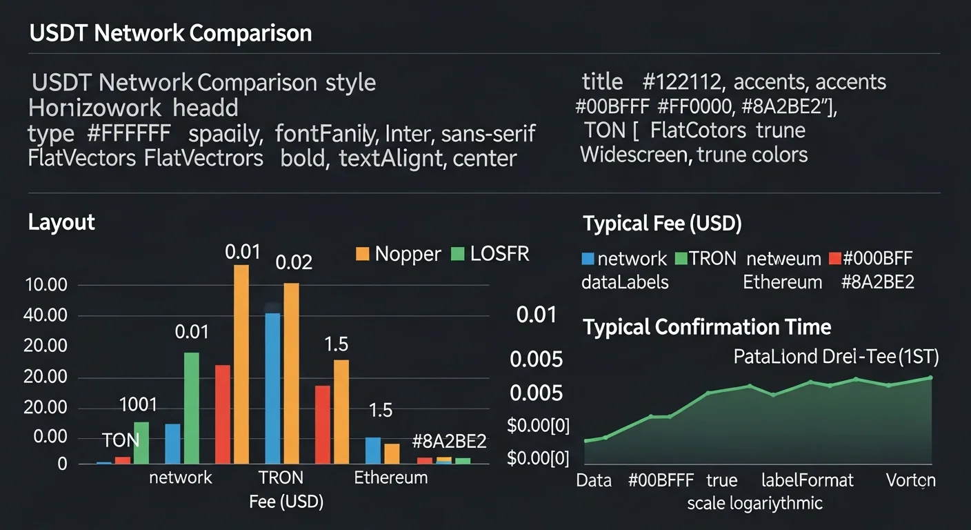 Infographic comparing USDT on TON, TRON and Ethereum with fee and confirmation time bars