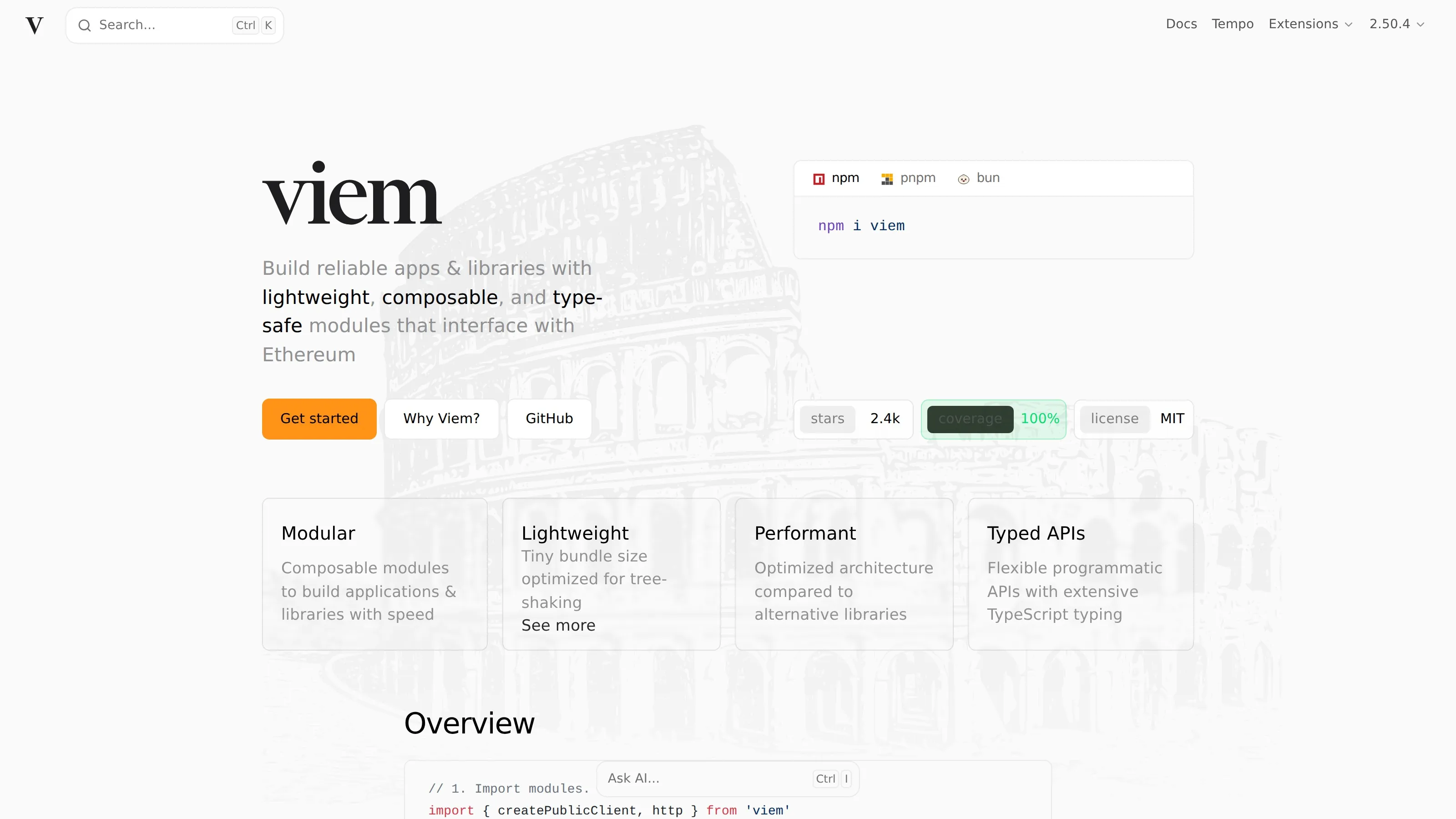 viem homepage showing type-safe Ethereum clients, modules and developer documentation.