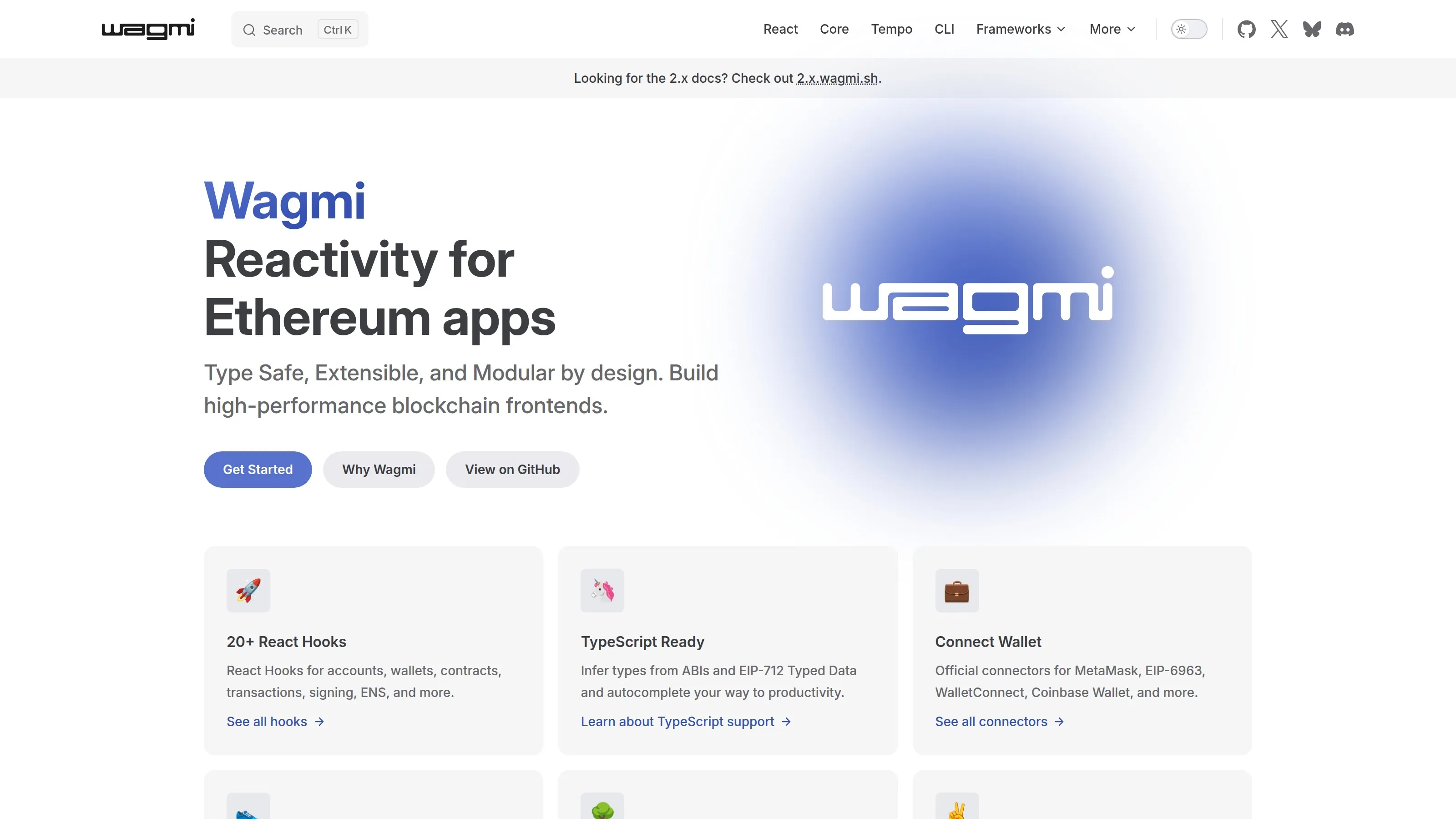 wagmi homepage showing React hooks, wallet connectors and TypeScript-first Ethereum app tooling.