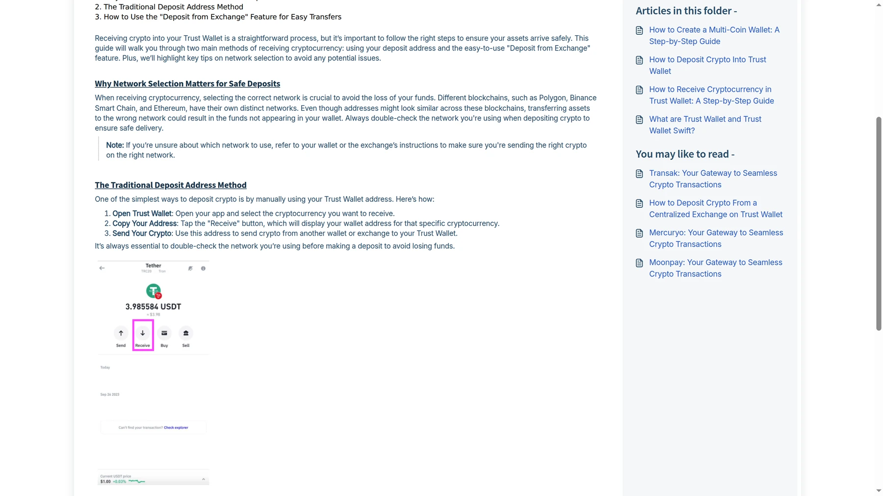 Trust Wallet support page explaining why network selection matters when receiving crypto