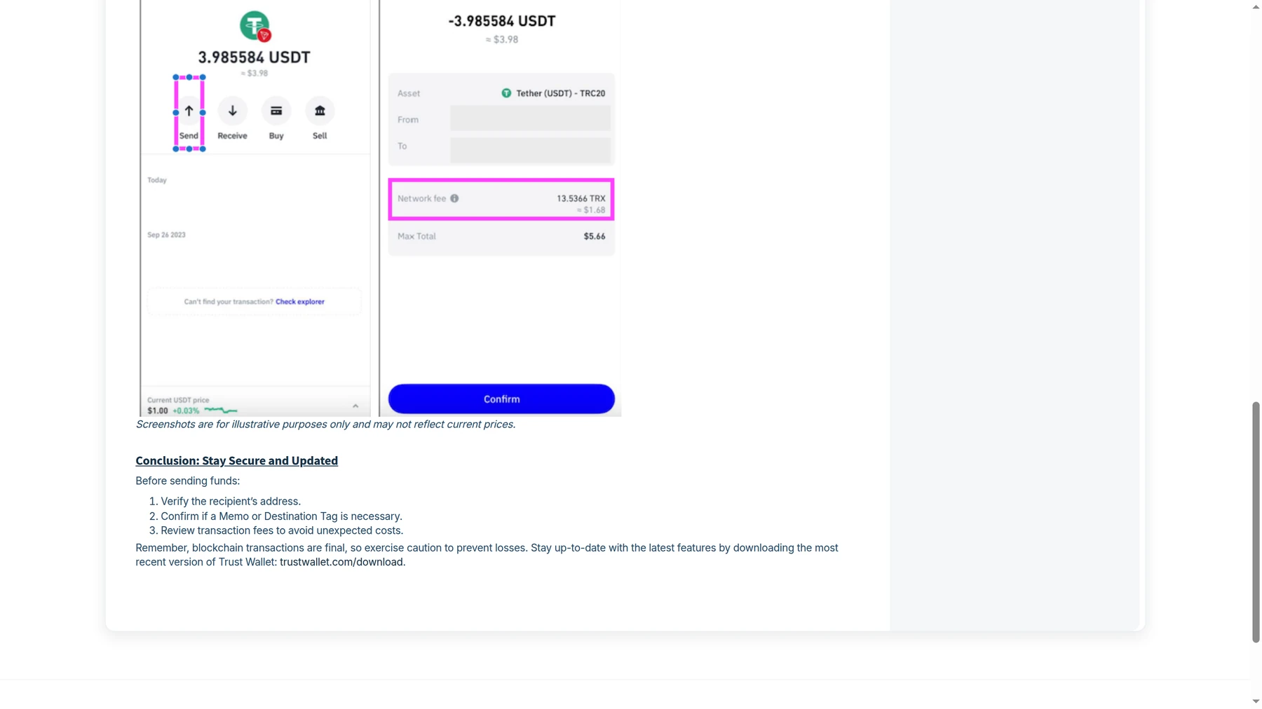 Trust Wallet support article explaining memo and destination tag requirements for some crypto transfers