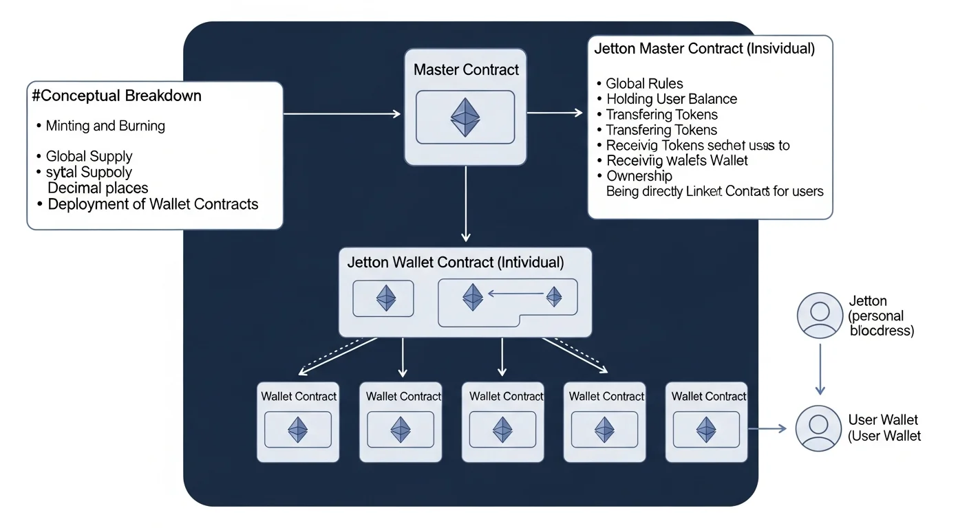 Diagram of Jetton master and wallet contract design with master at top and many wallet contracts below