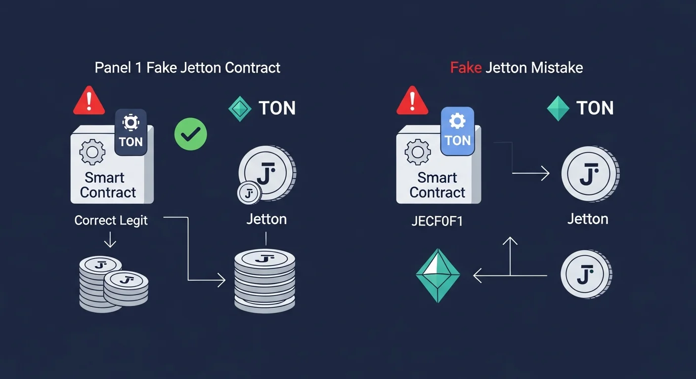 Four-panel illustration of Jetton mistakes: fake contract, missing TON gas, wrong address, ignoring decimals