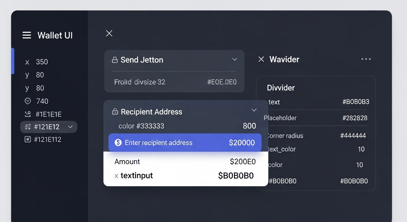 Wallet UI mockup showing a Jetton balance, send button, recipient address, amount, and fee in TON