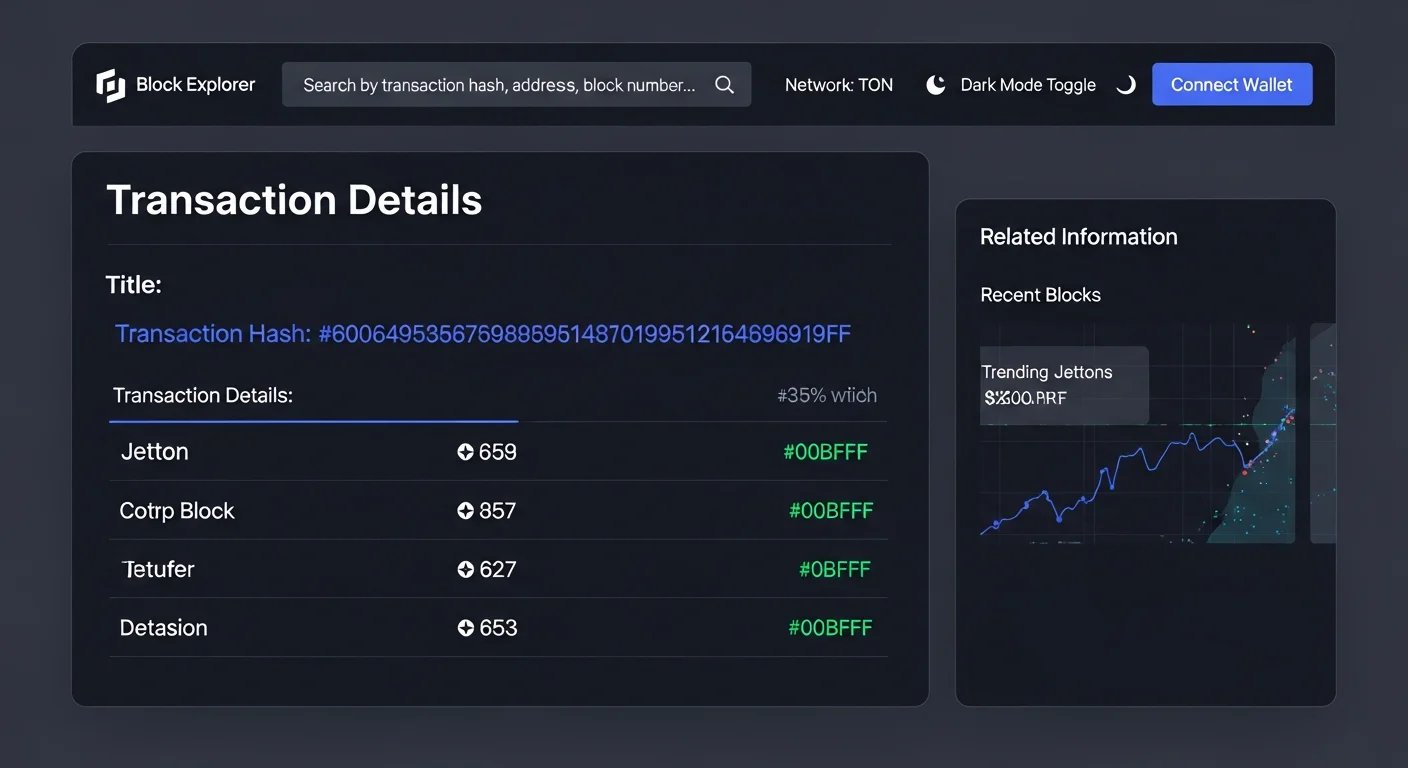Block explorer mockup showing a Jetton transfer with master contract, jetton wallet, sender, receiver, and TON gas fee