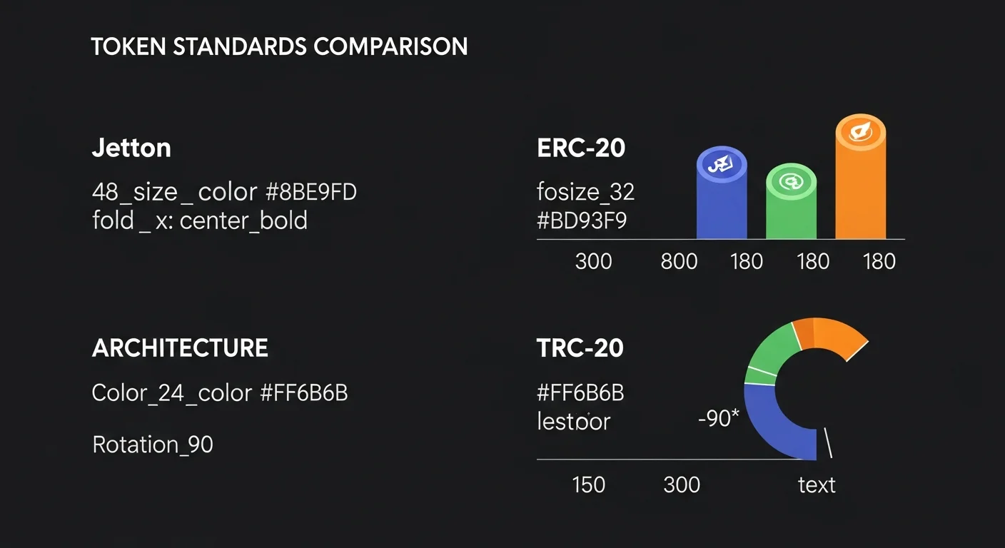 Infographic comparing Jetton, ERC-20 and TRC-20 standards across architecture, fees and address format
