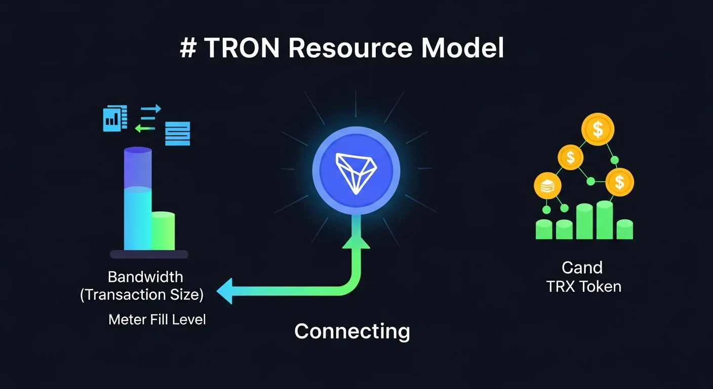 Diagram of the TRON resource model showing bandwidth and energy meters connected to TRX
