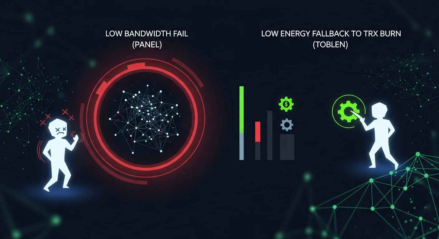 Four-panel illustration of TRON resource scenarios: low bandwidth fail, low energy fallback, staked TRX, fresh wallet allowance