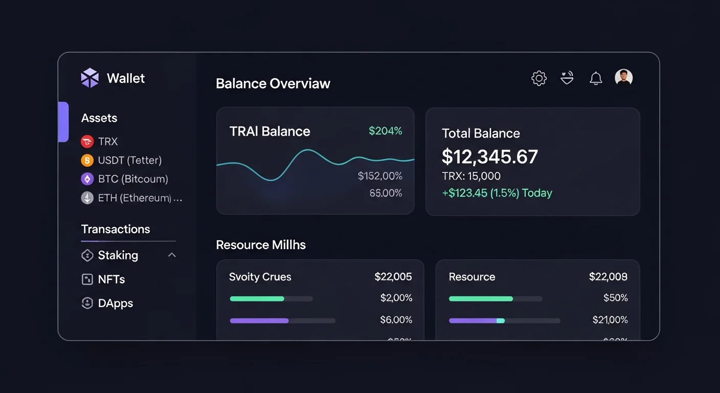 Wallet UI mockup showing energy and bandwidth bars with current and total values