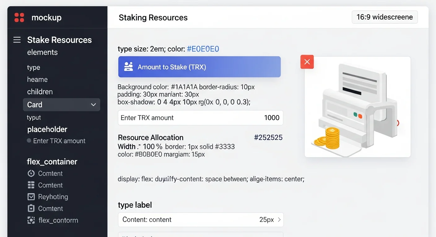 Resource staking UI mockup with TRX amount input, energy/bandwidth allocation, and estimated output