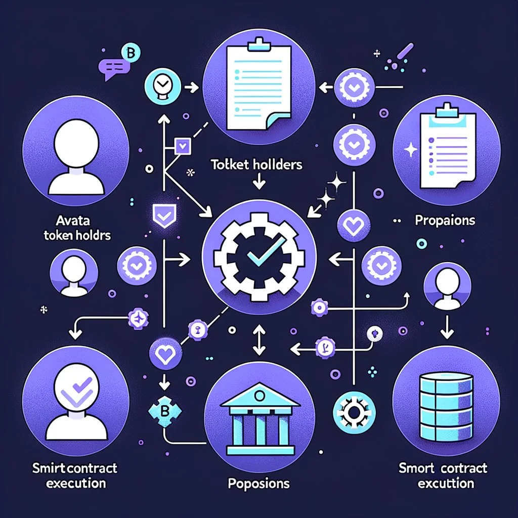 Visual representation of a Decentralized Autonomous Organization with token holders voting on blockchain proposals