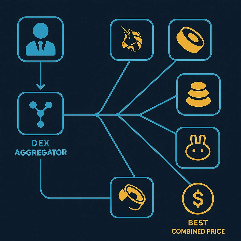 DEX aggregator interface comparing routes across multiple decentralized exchanges to find the best swap price